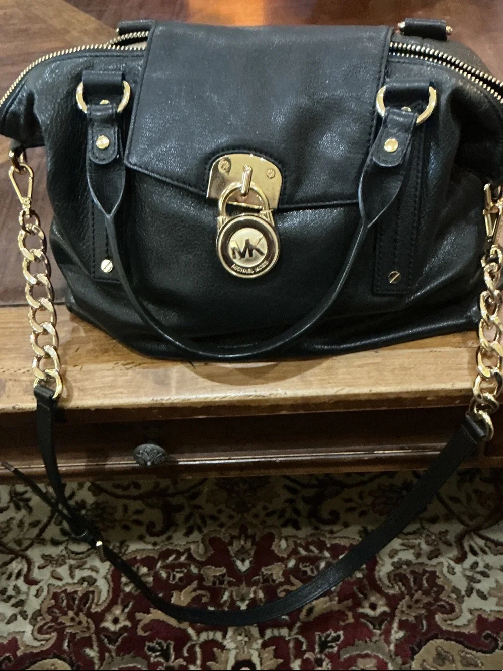 New Michael Kors Hamilton Black Leather Satchel with Gold Chain Strap. Newnotag